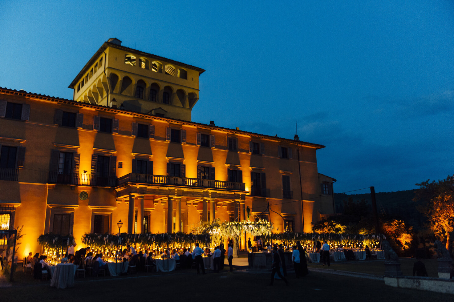 Façade of Villa di Maiano at night