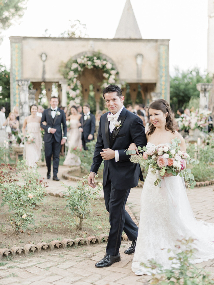 Bridal couple recessional at Villa Cimbrone