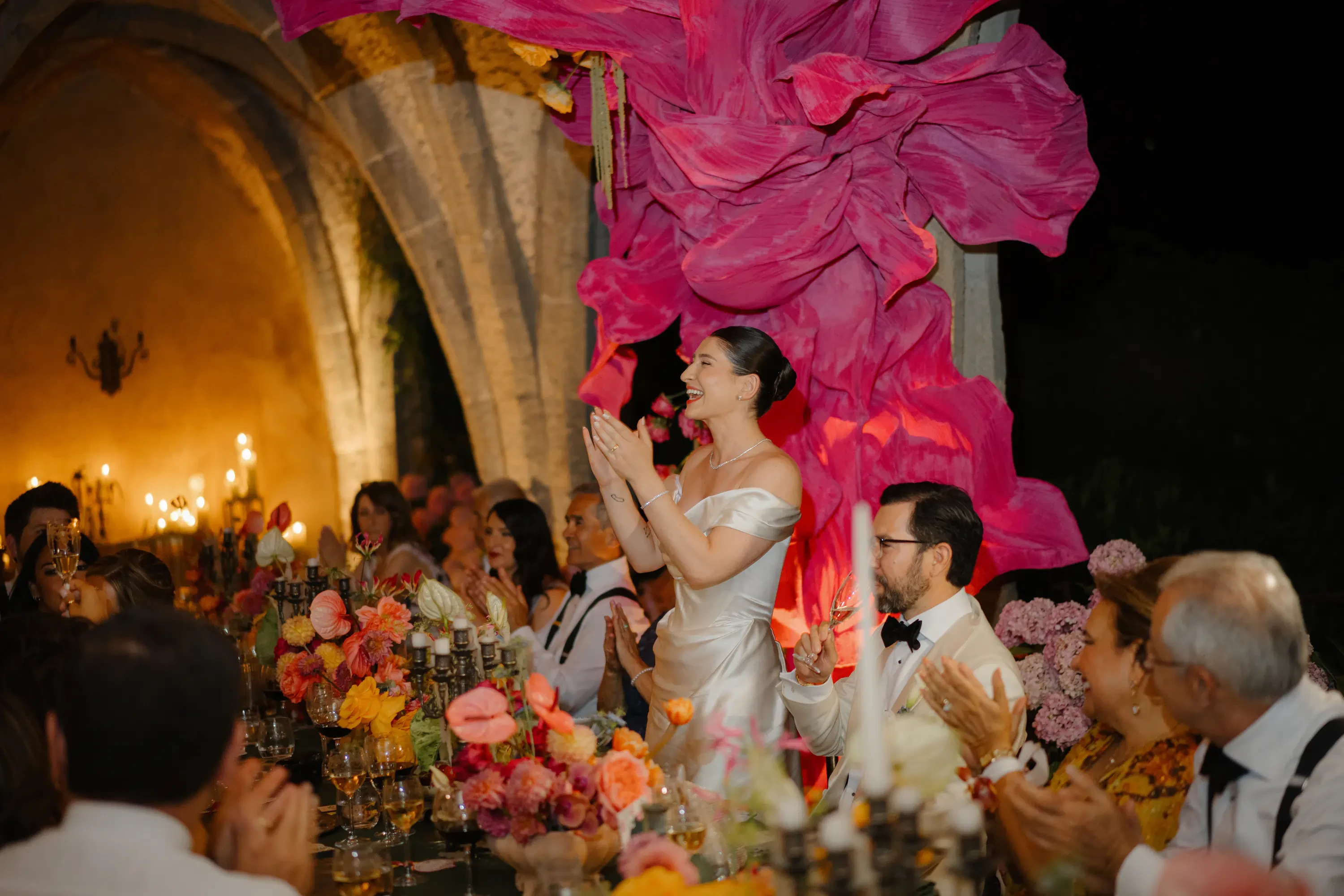 Villa Cimbrone Crypt Wedding Dinner Toasts Bride Clapping
