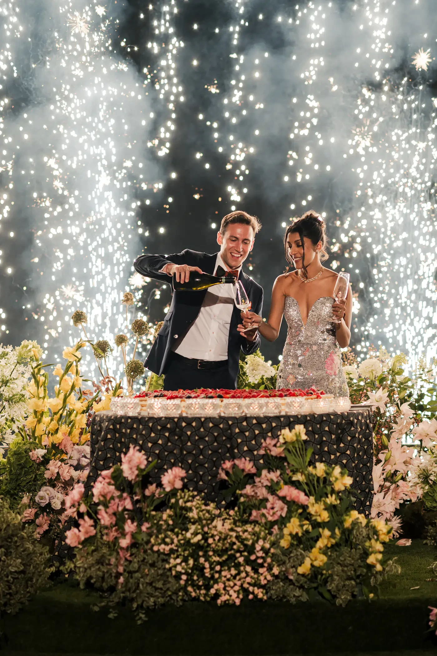 Villa Balbiano Lake Como Wedding Champagne Toast Fireworks