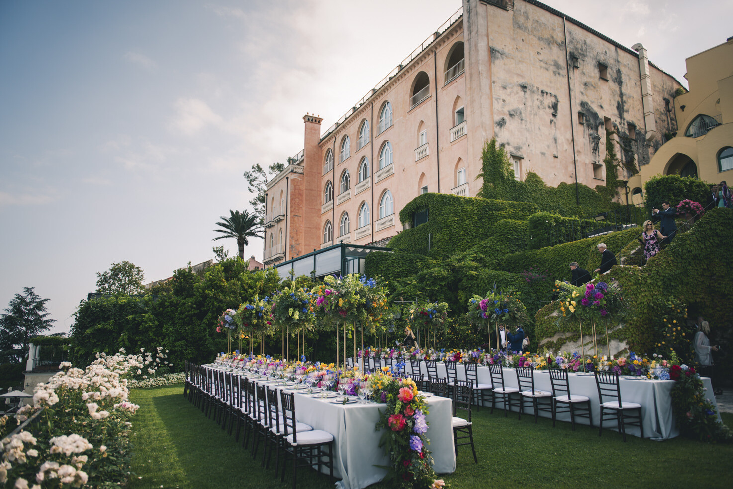 Flowers for wedding reception on a terrace with sea view