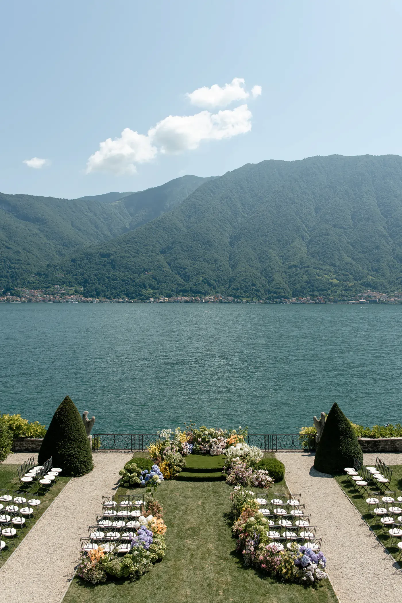 Elevated View Outdoor Lakefront Wedding Ceremony Setup