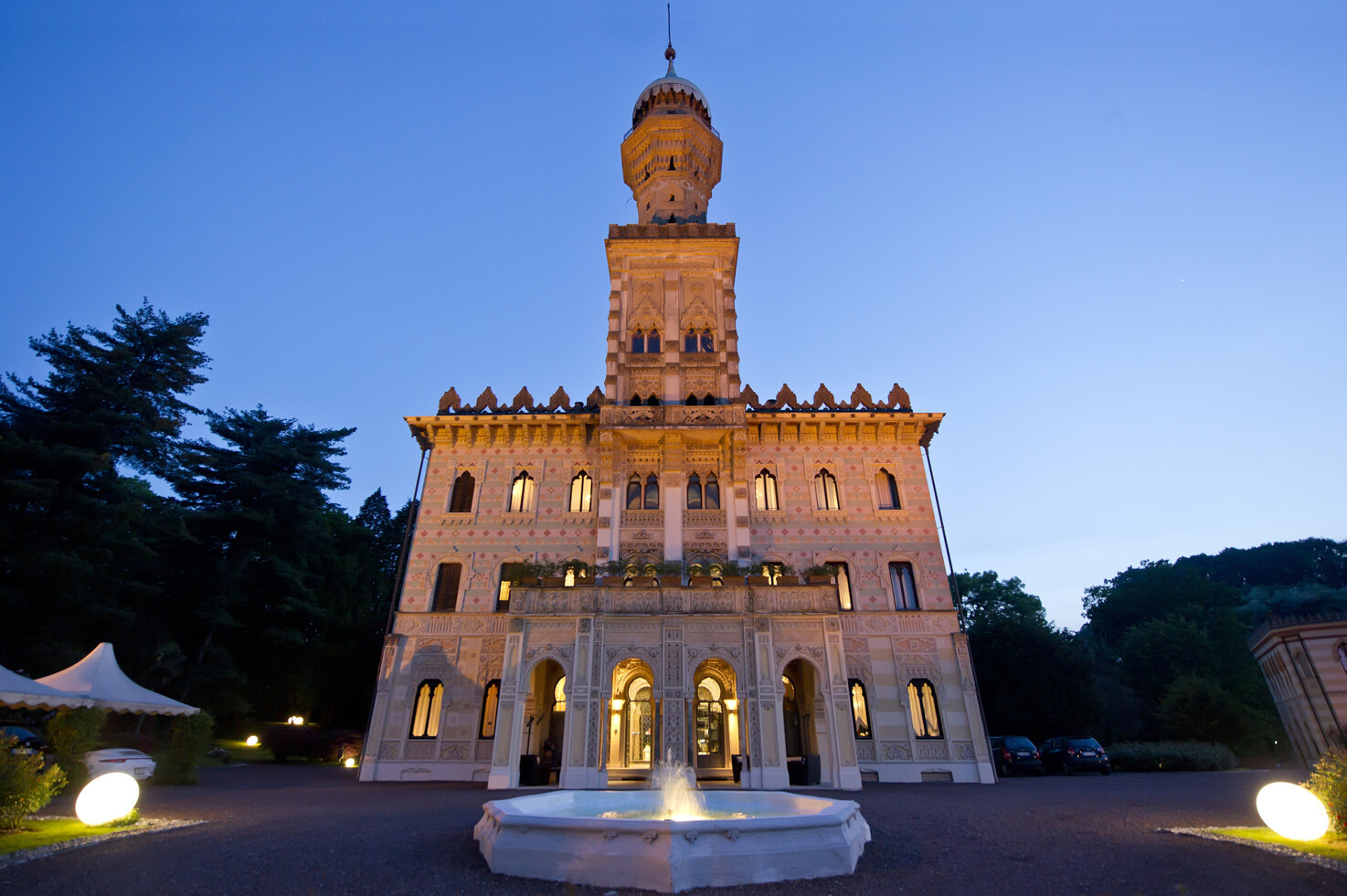 FaÃ§ade of Villa Crespi at dusk