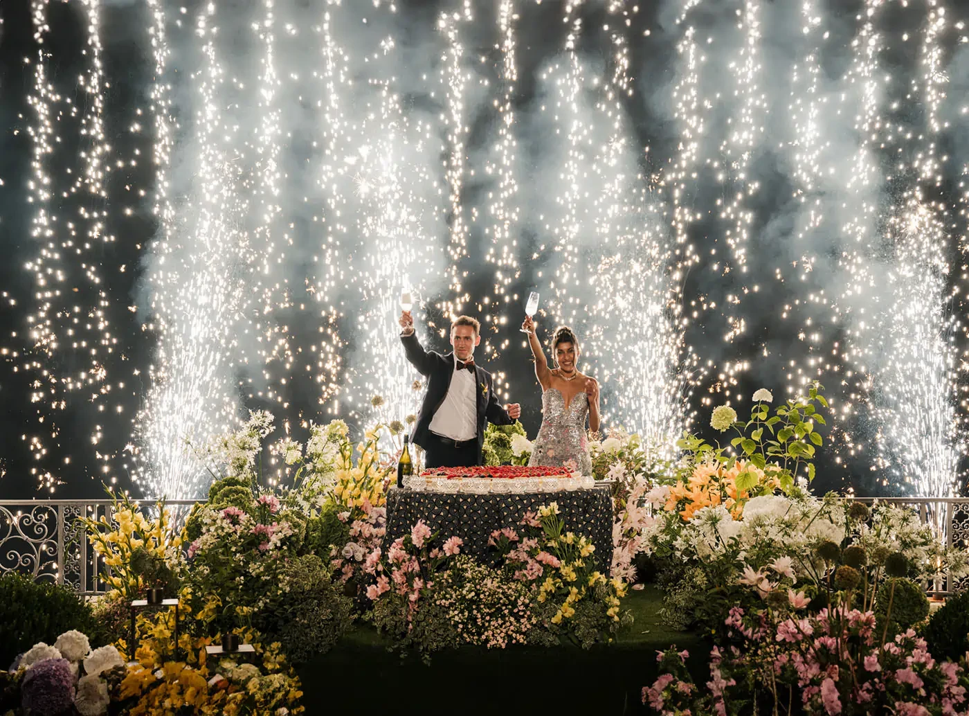 Wedding Cake Cutting With Cold Sparklers Fireworks Display