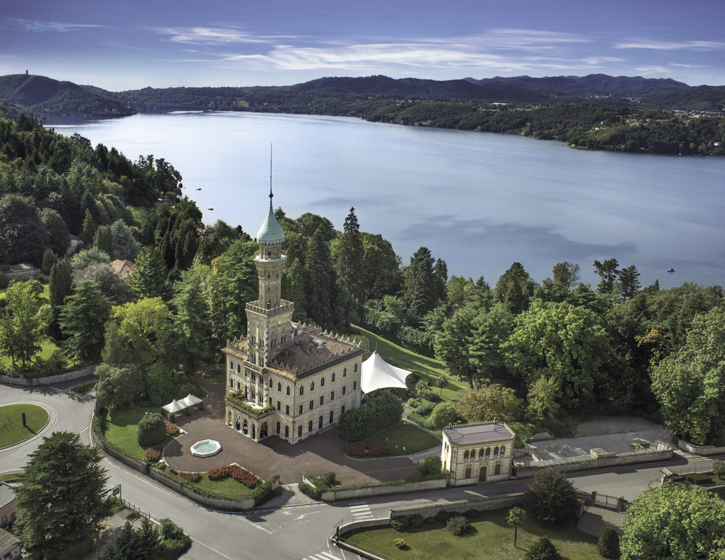Aerial view of Villa Crespi on Lake Orta
