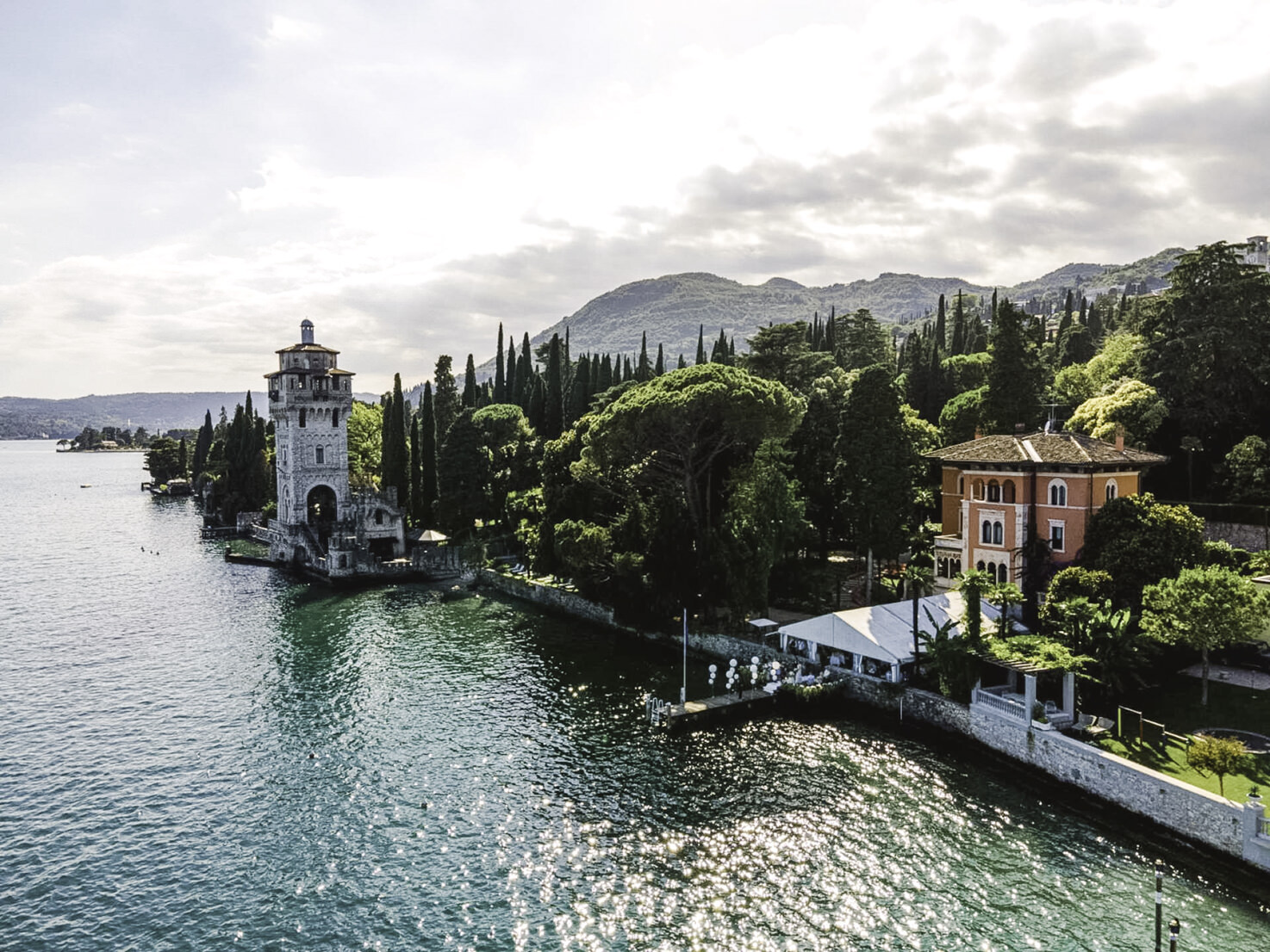 Aerial view of Villa Fiordaliso on Lake Garda