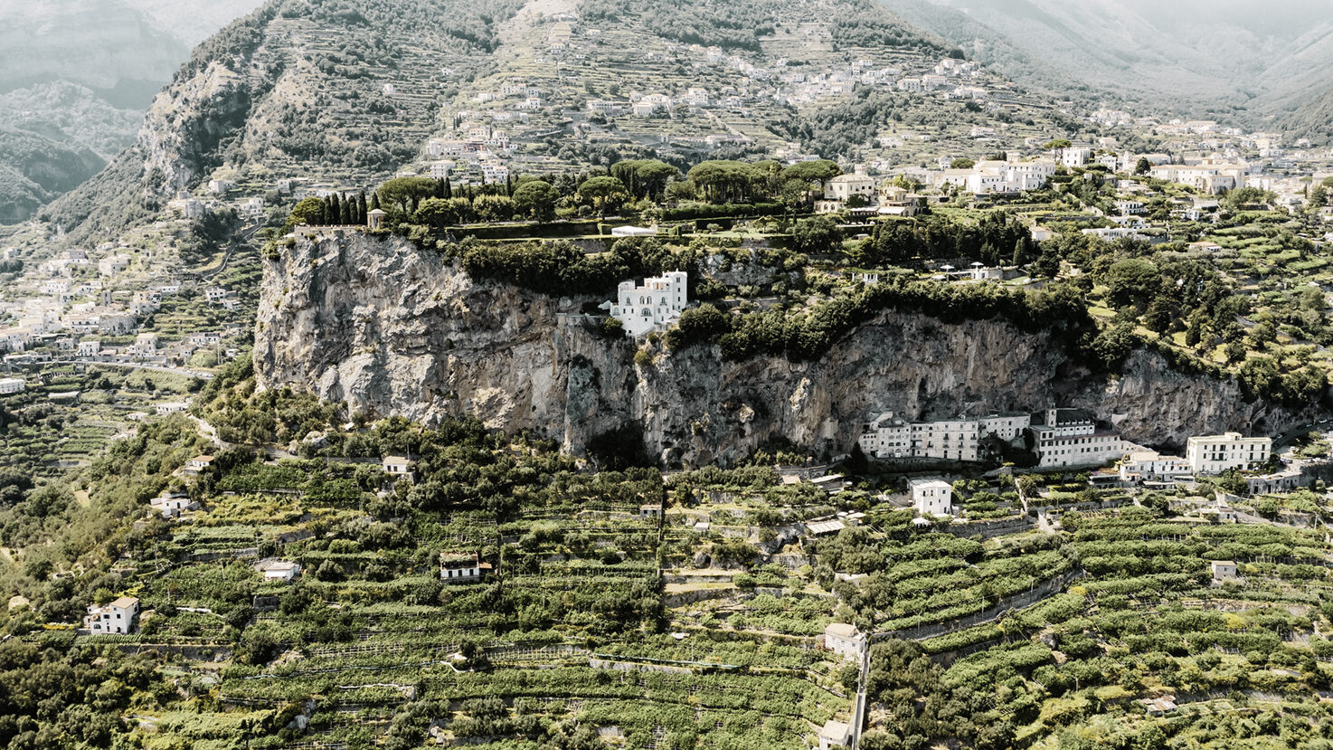Aerial view of the cliffs of Ravello with Villa La Rondinaia
