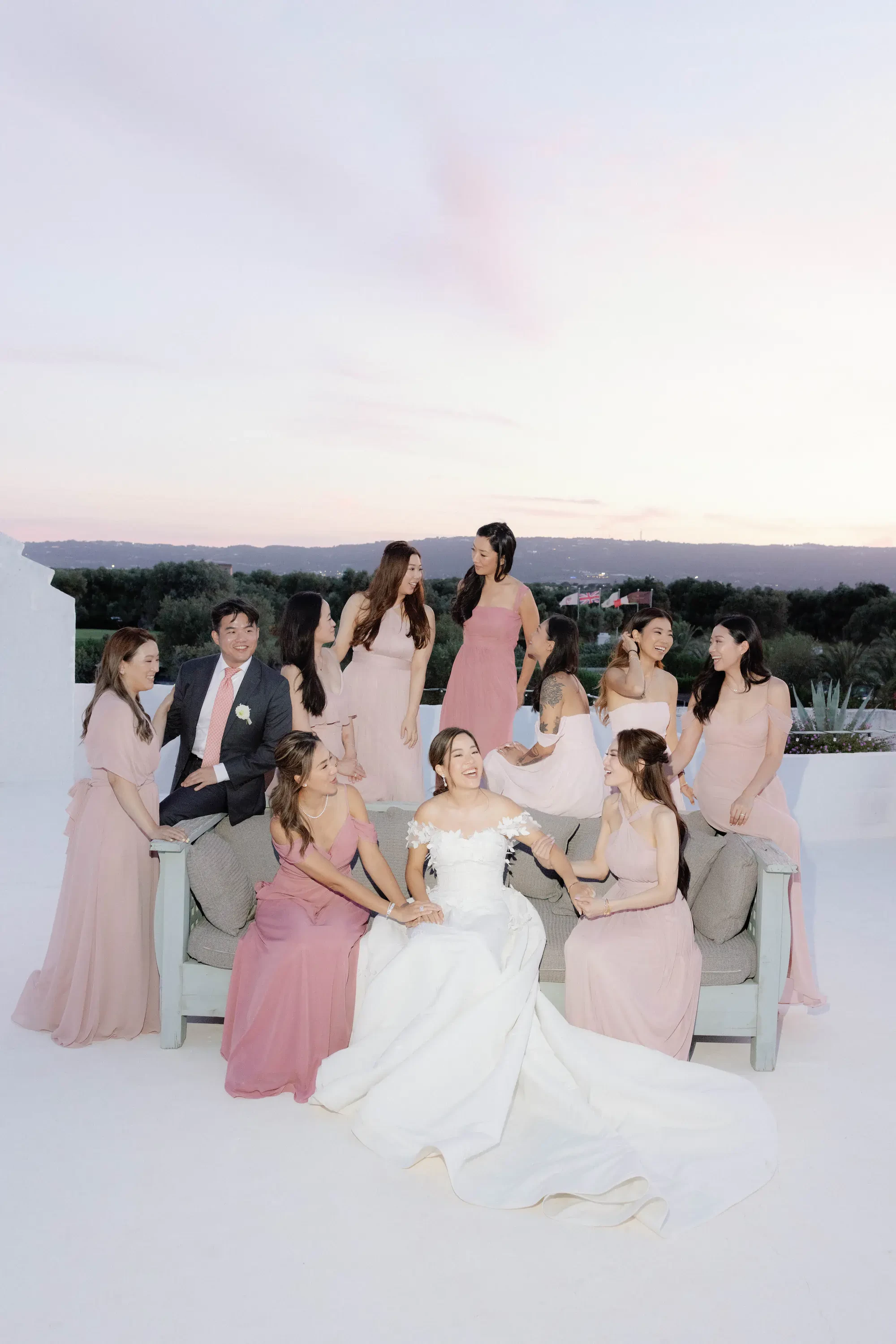 Puglia Masseria Wedding Bridal Party Sunset Rooftop Portrait
