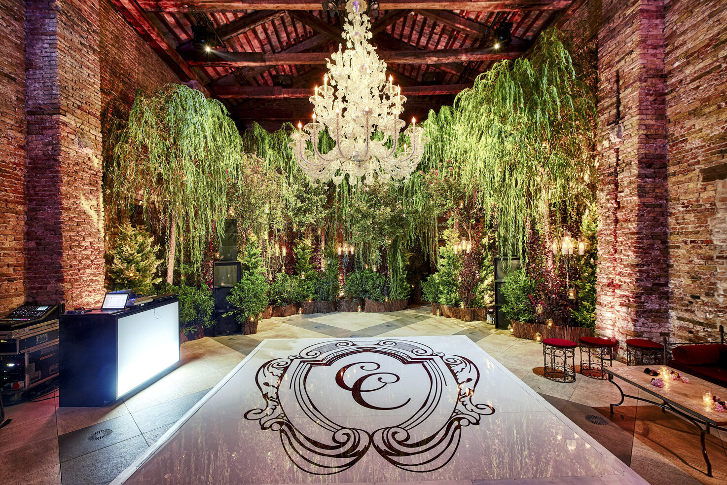 Dance floor with crystal chandelier