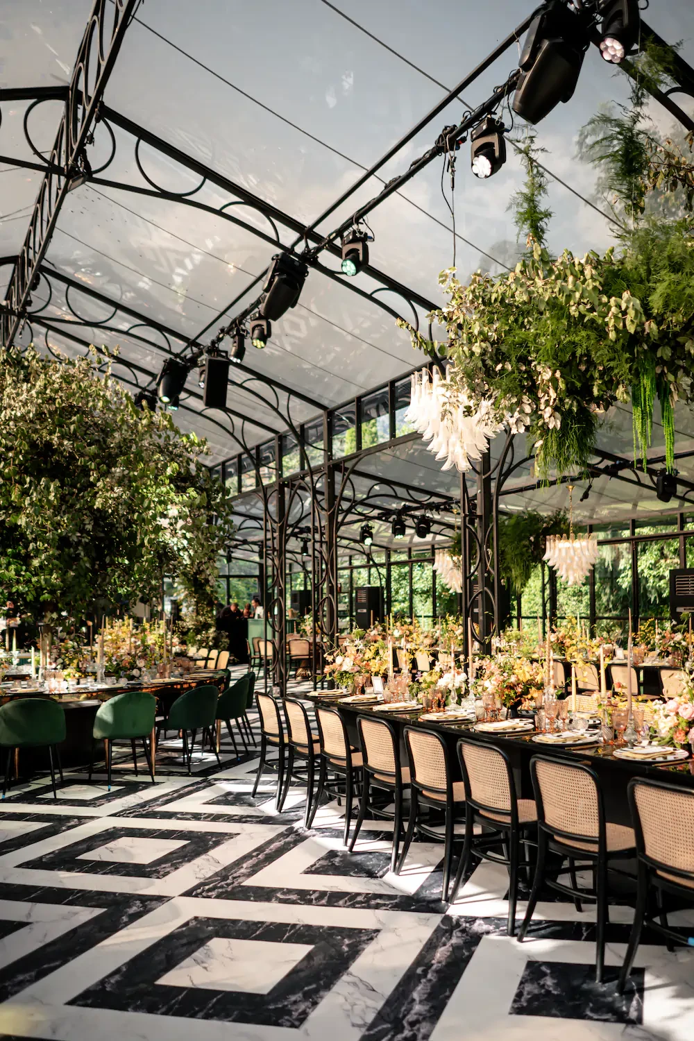 Greenhouse Wedding Reception Long Tables And Hanging Chandeliers