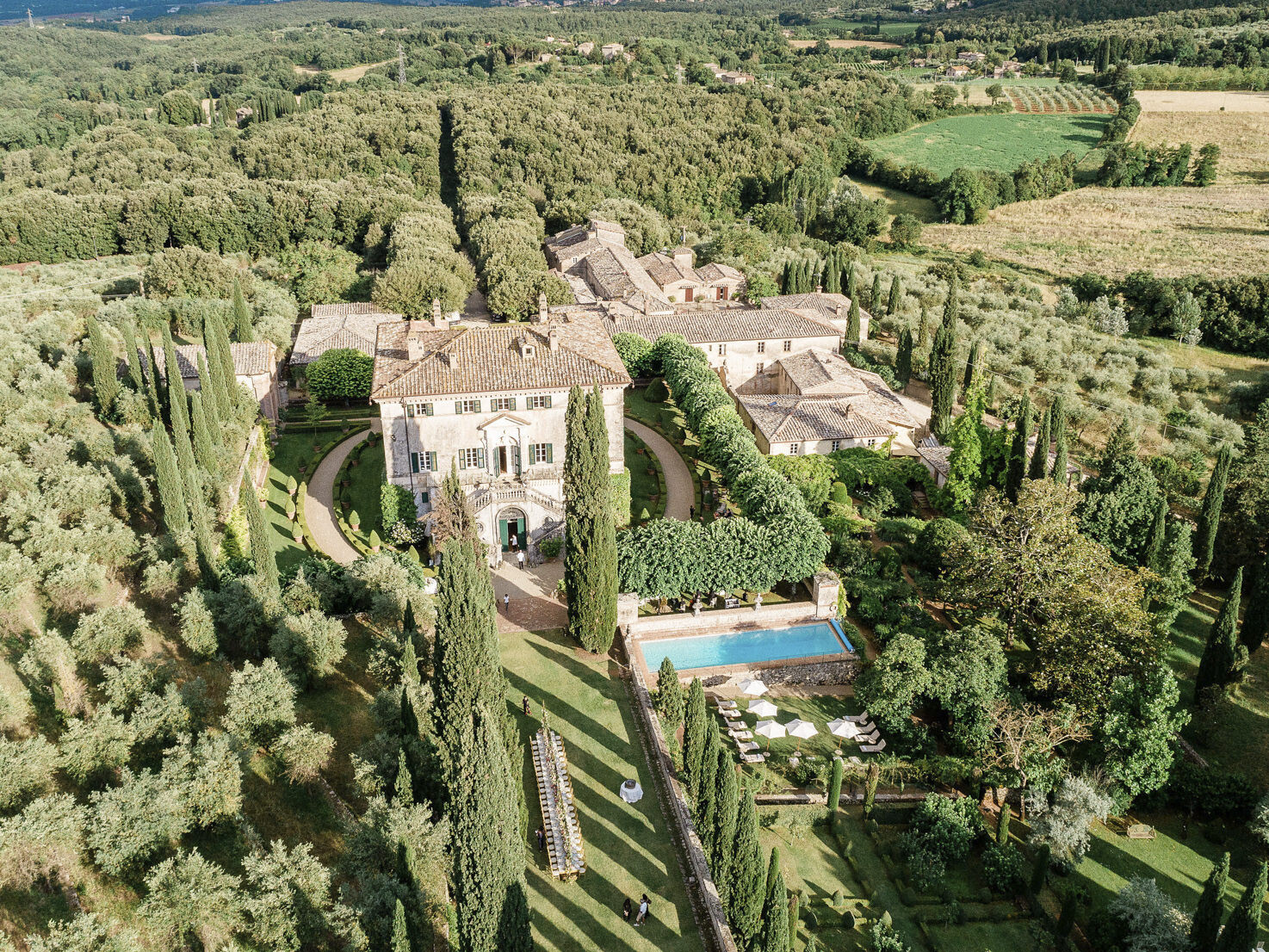 Aerial view of Villa Cetinale with gardens and pool