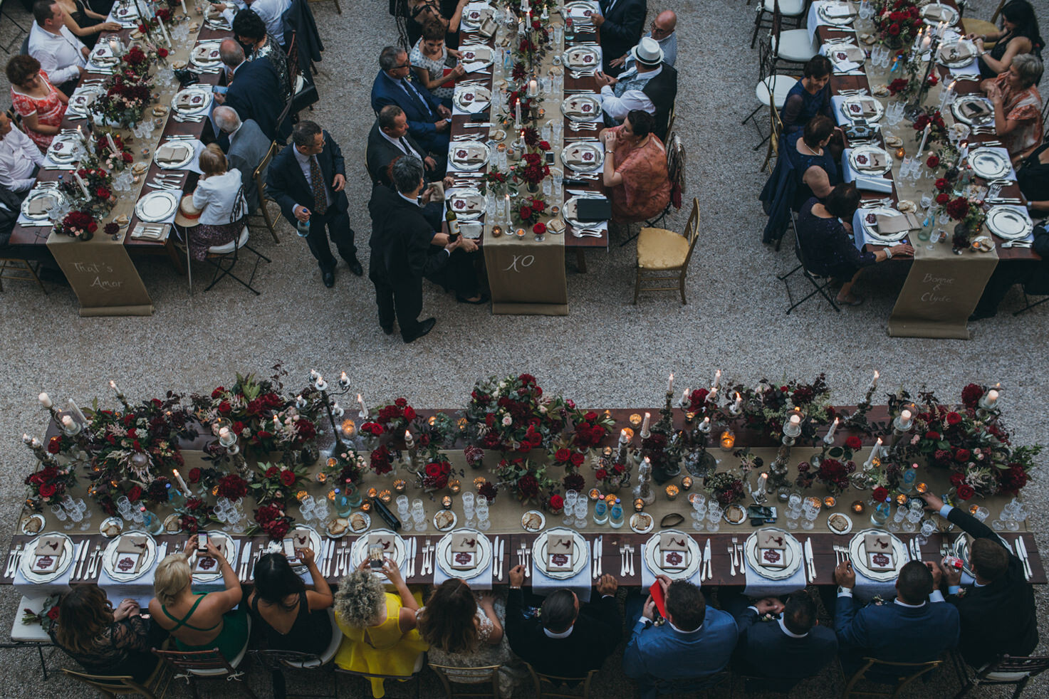 Reception tables in the castle courtyard