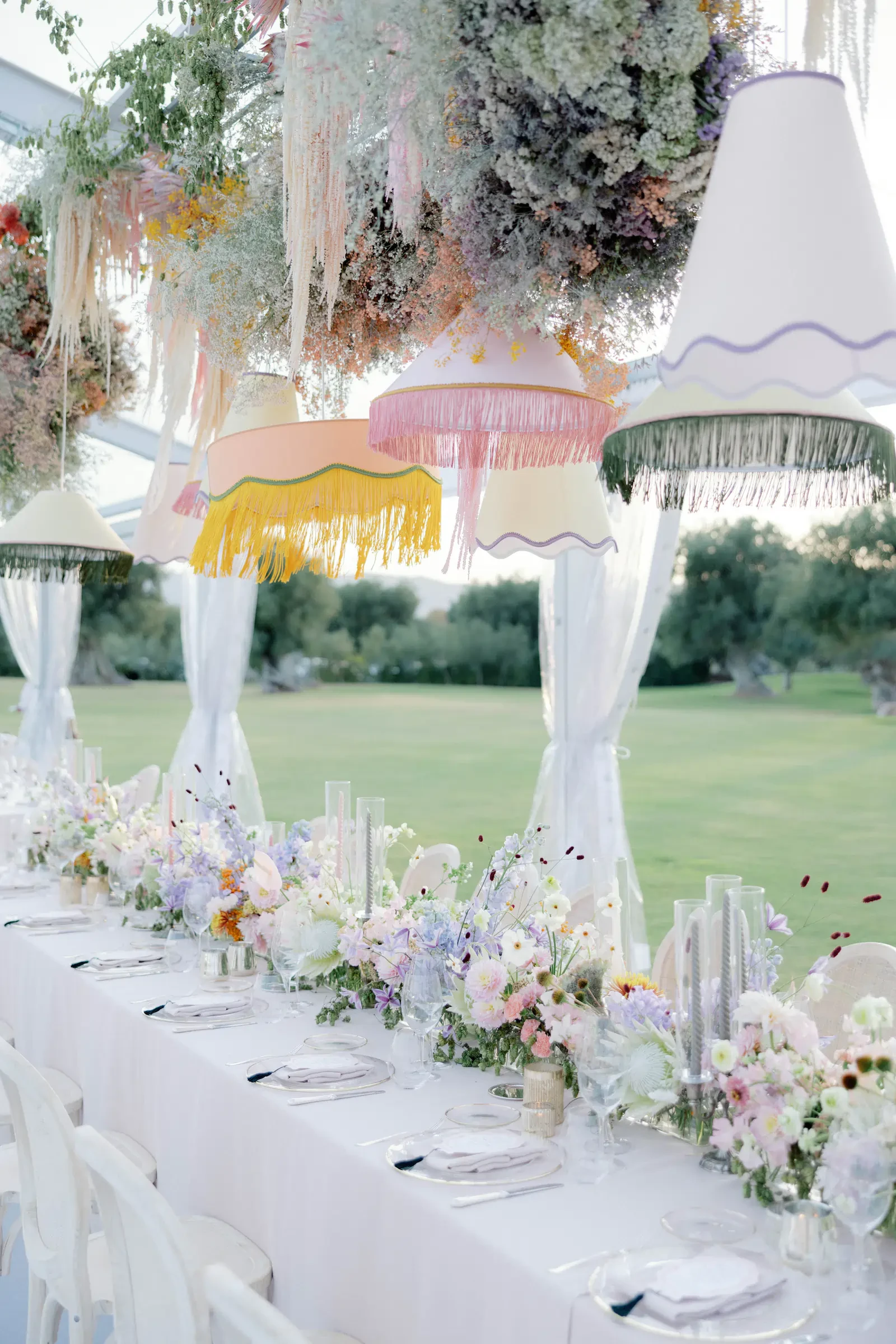 Outdoor Wedding Reception Table Decor With Hanging Lampshades