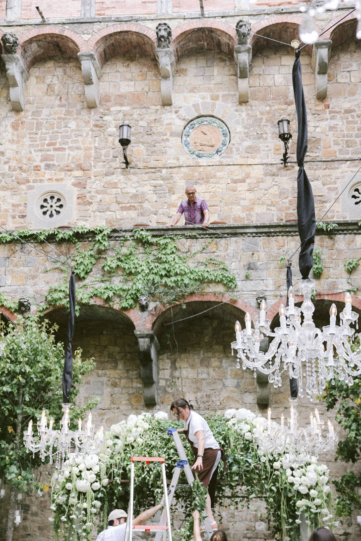 Set up for wedding banquet in a Florence castle