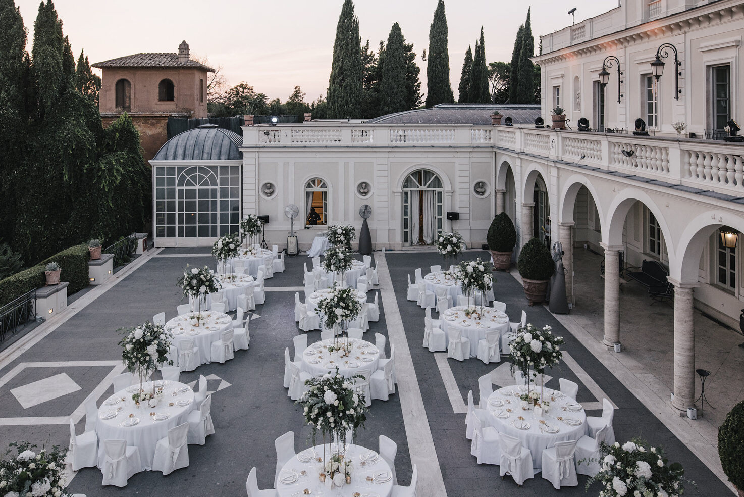 Overview of the wedding reception at Villa Miani, Rome