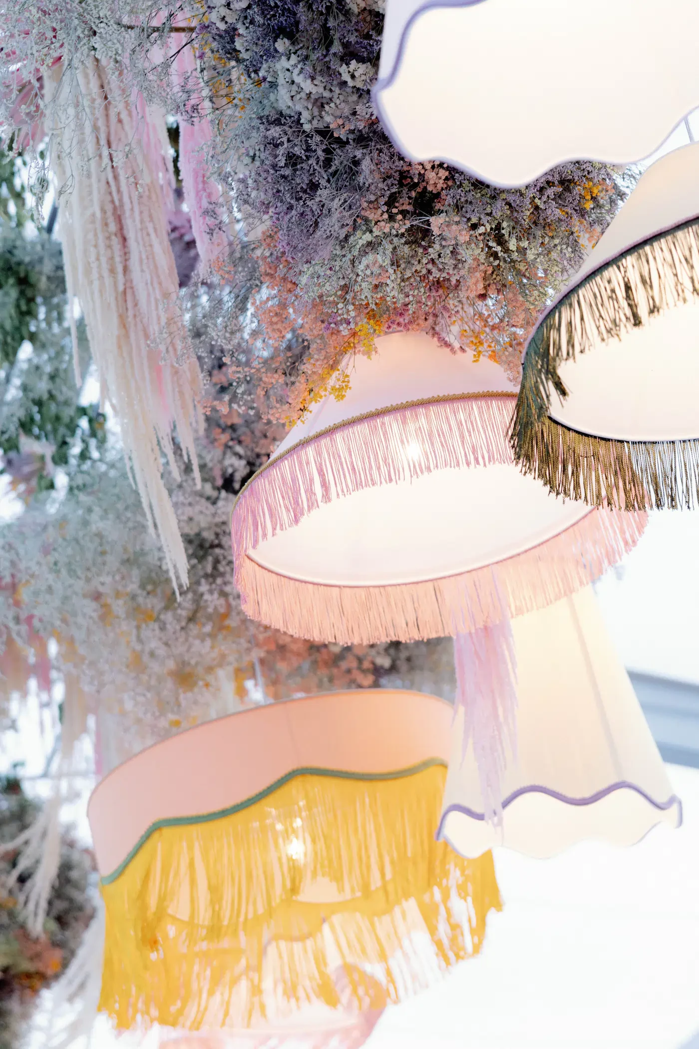 Puglia Masseria Wedding Overhead Lampshade Floral Installation