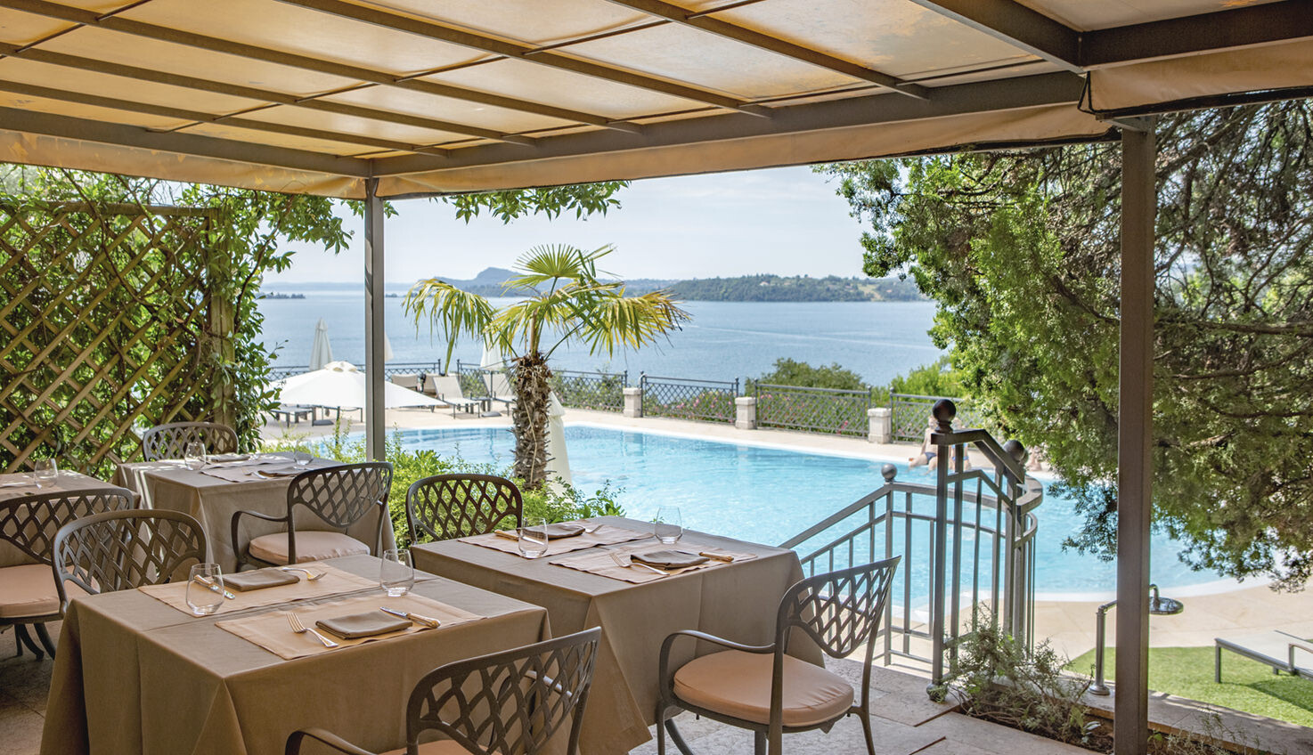 Garden pool with lake view